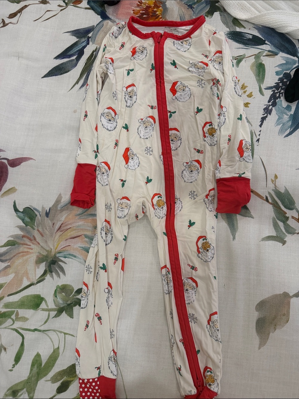 Angel Dear Cream Santa Print Footed Pajamas with Red Trim